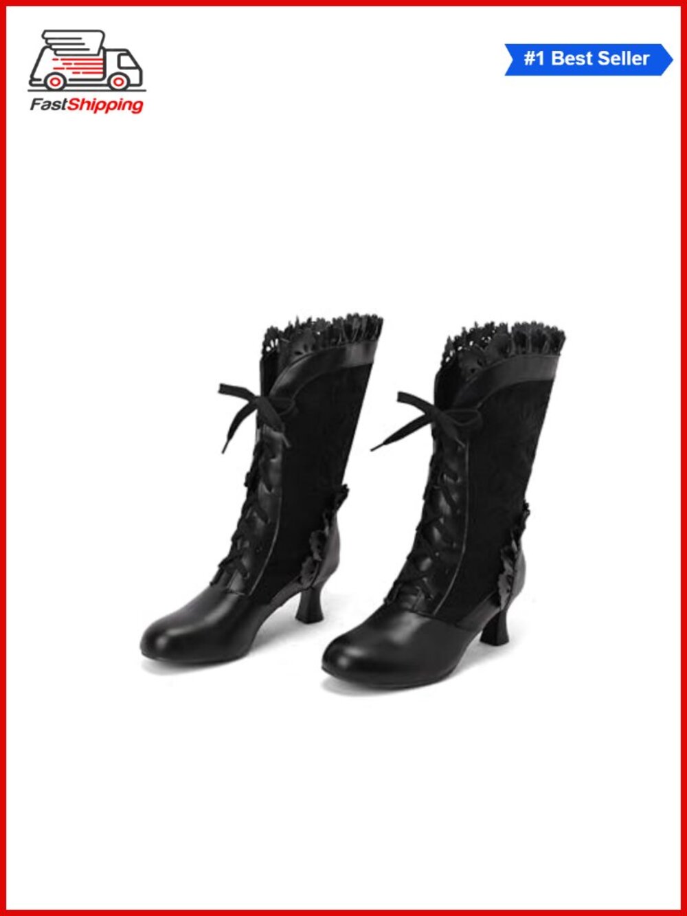 Victorian Mid-Calf Boots Faux Leather Lace Up Bow Cosplay Gothic